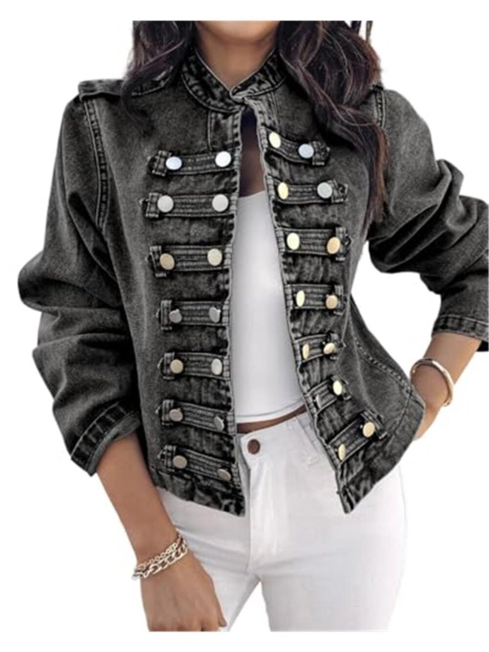 Women's Military Denim Jacket Long Sleeve Jeans Jacket